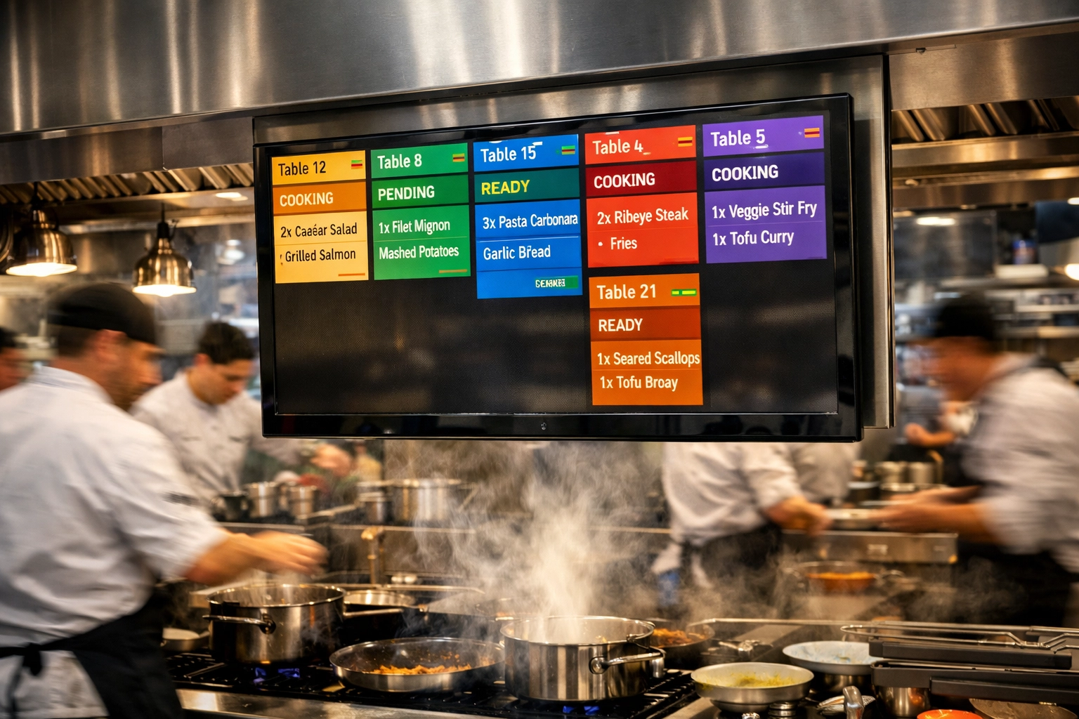 Kitchen display screen showing orders in professional restaurant kitchen
