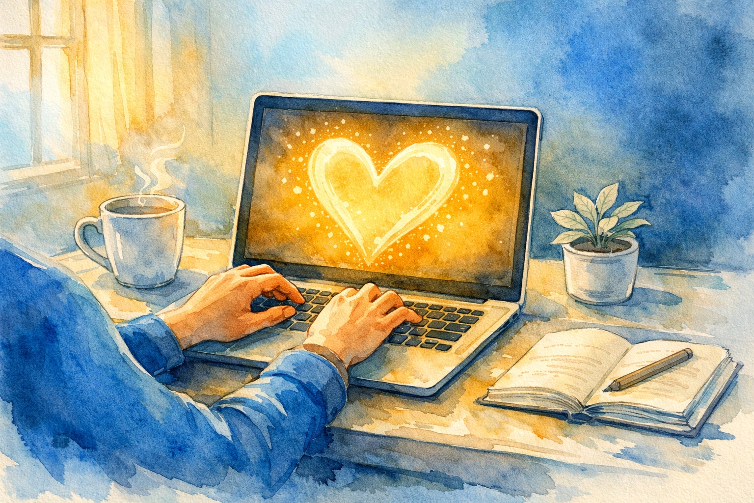 Person working on laptop with glowing heart symbol representing faith-based digital brand building