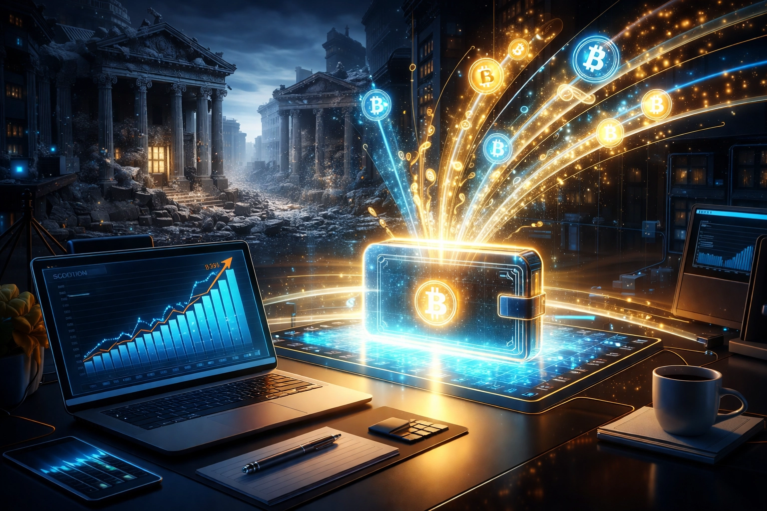 A modern merchant workspace showing crypto payments flowing into a digital wallet, symbolizing reduced fees and Web3 financial freedom.