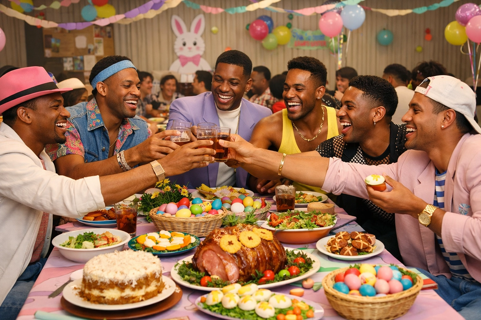 Black and Latino gay men sharing a joyful Easter feast in a 1980s NYC ballroom community hall.