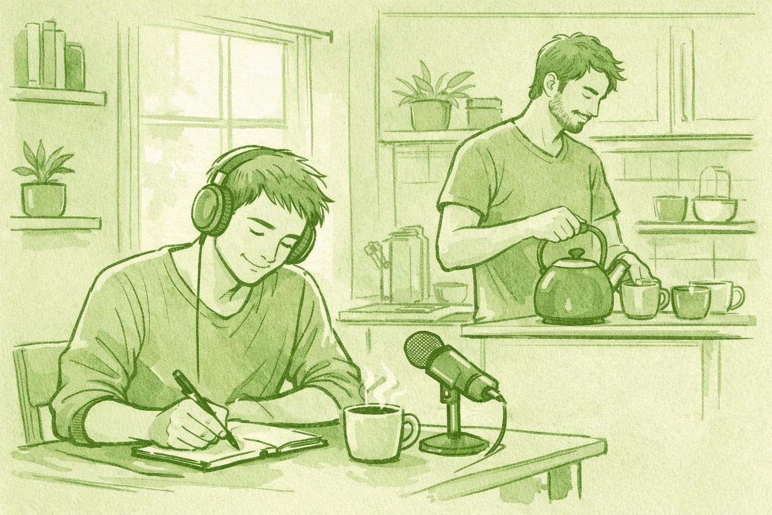 Gay couple at home listening to podcast and taking notes together