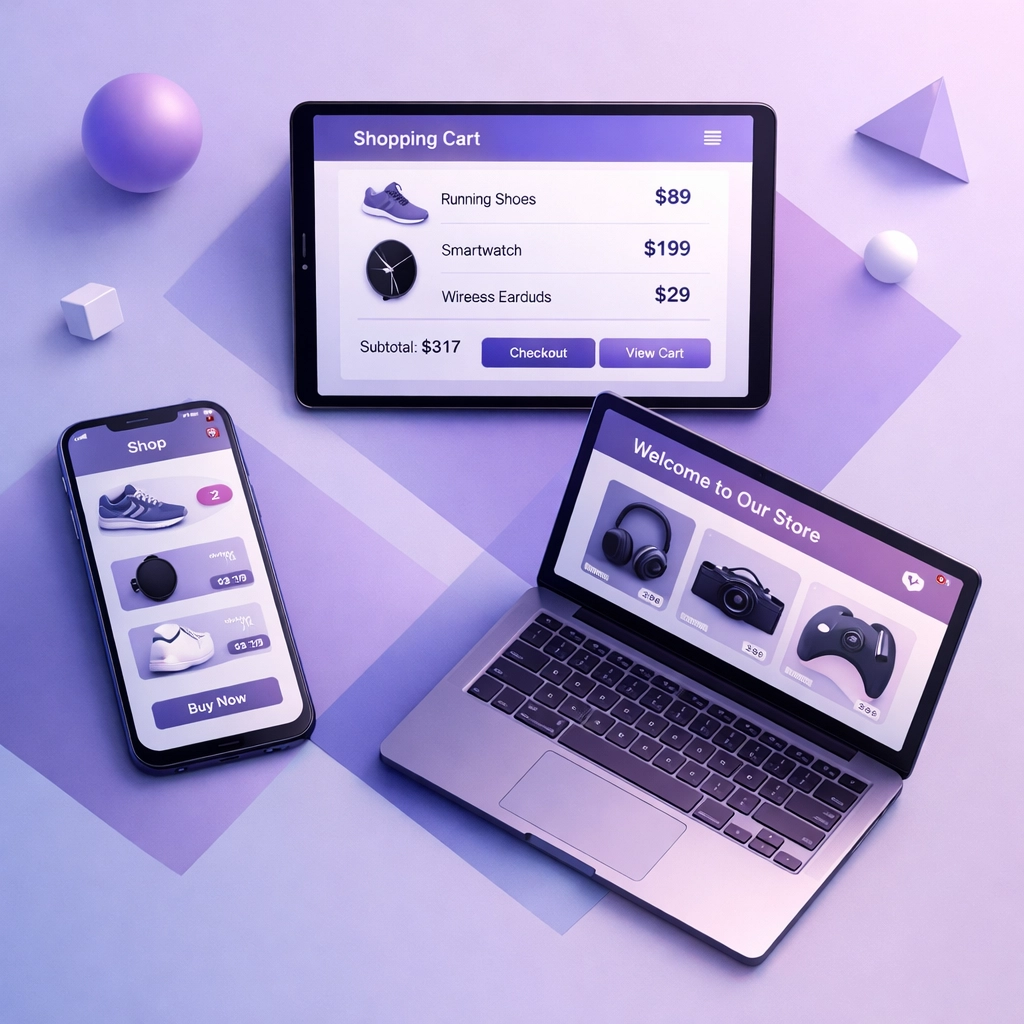 Digital product store displayed across multiple devices showing online selling platform