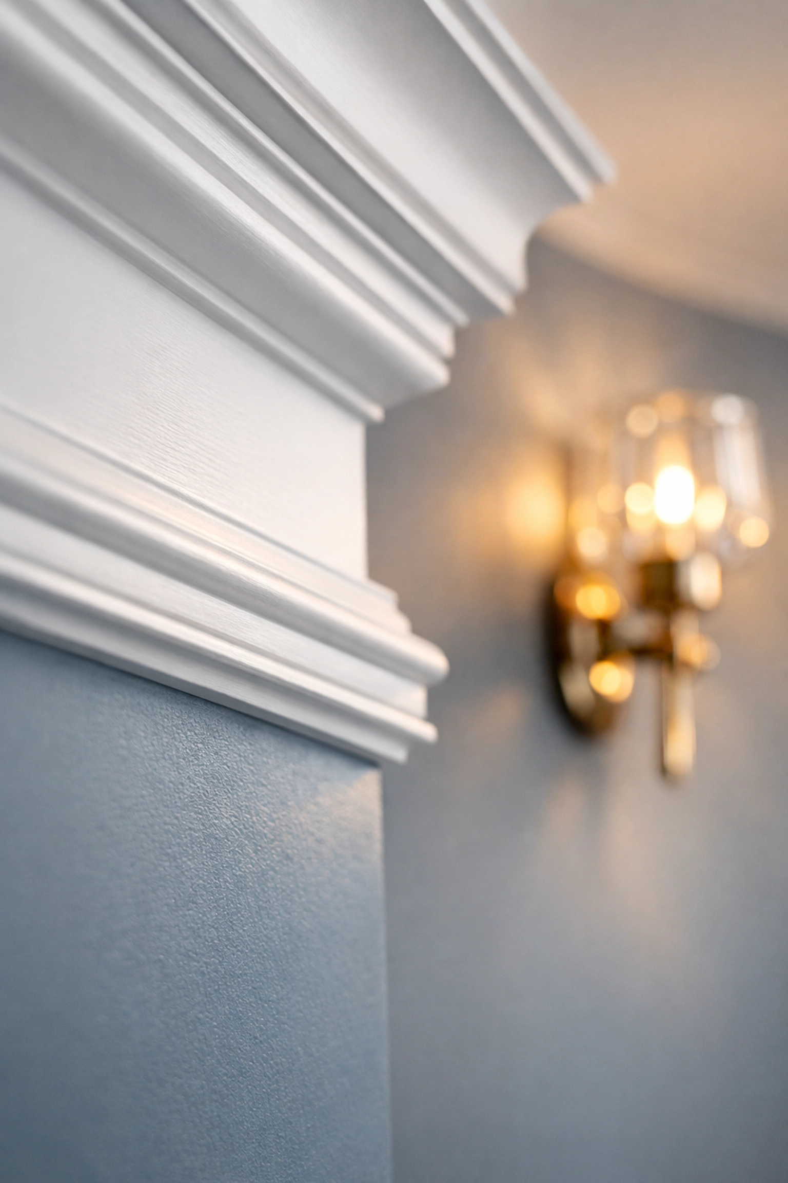 Detail of dust-free white crown molding and baseboards by professional cleaners Massachusetts in an Andover home.