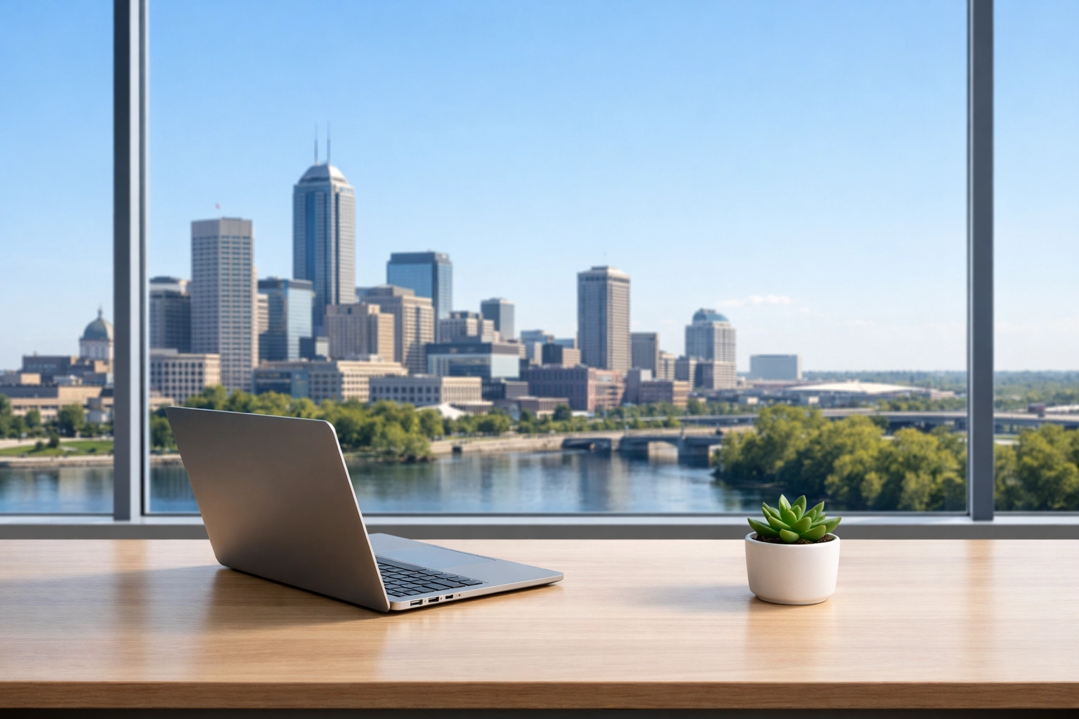 Organized professional workspace overlooking a Midwest city skyline representing reliable property management operations.