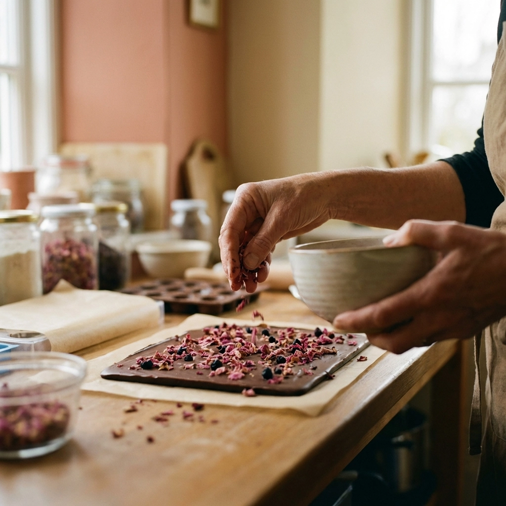 Hands decorating tempered chocolate with dried berries and flower petals in a local chocolate maker's workshop.