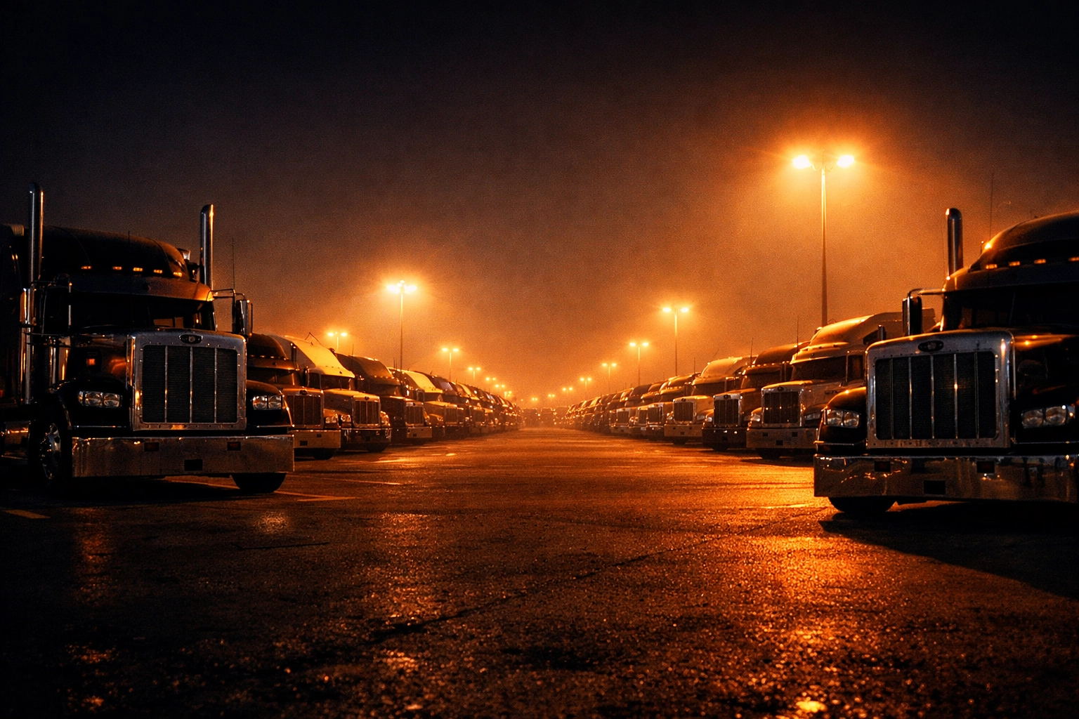 Idle semi-trucks at a quiet truck stop at night, representing job losses in the transportation sector.
