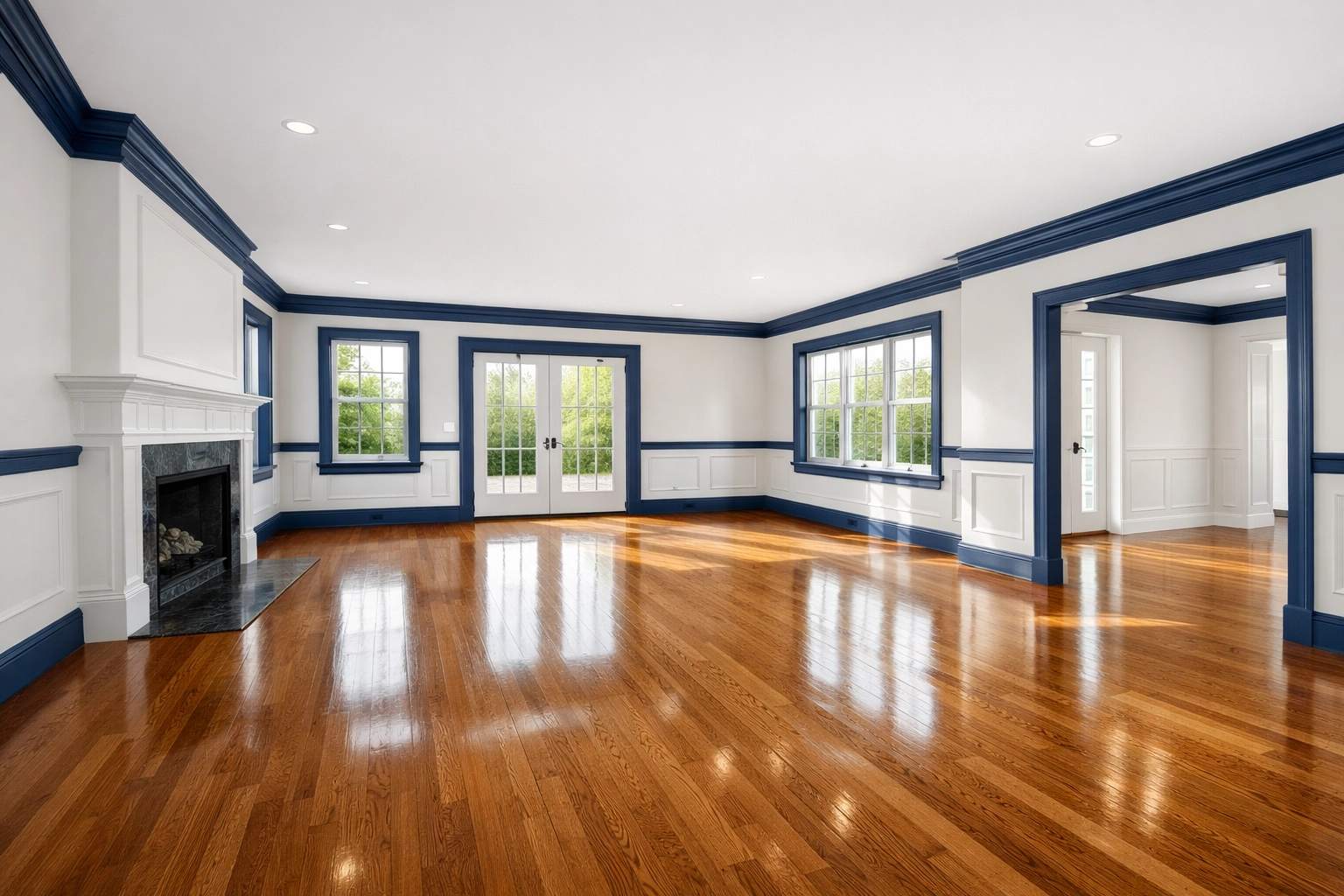 A bright, empty Wayland living room with polished hardwood floors after a professional move-in clean.