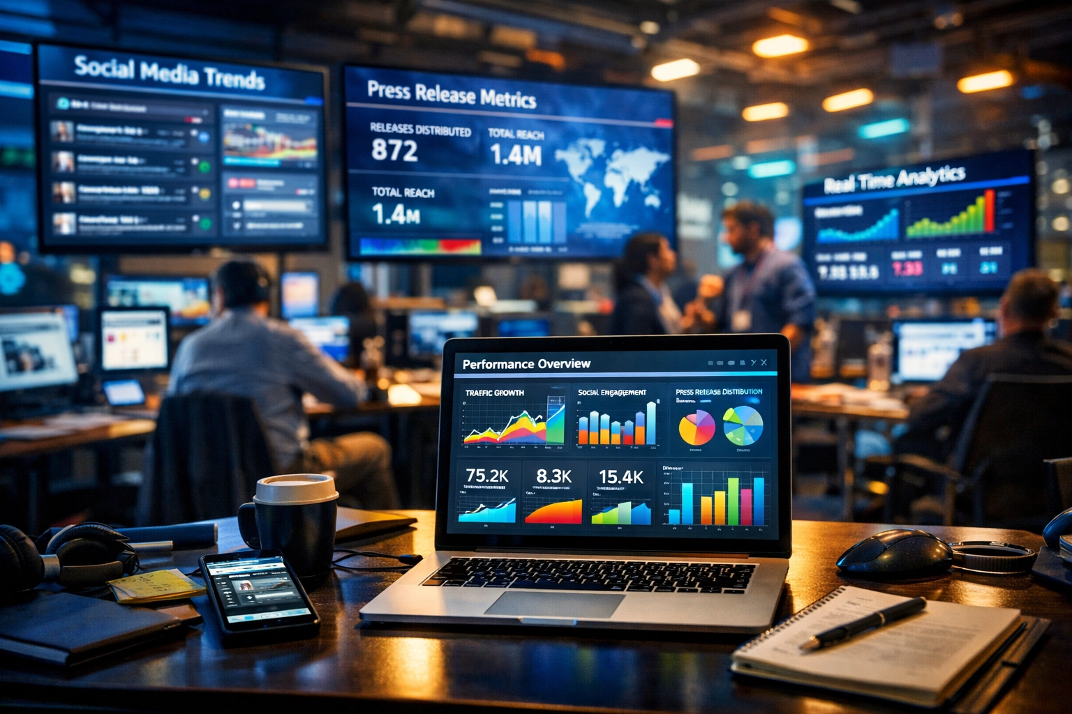 Media operations center displaying real-time press release analytics and performance metrics on multiple screens
