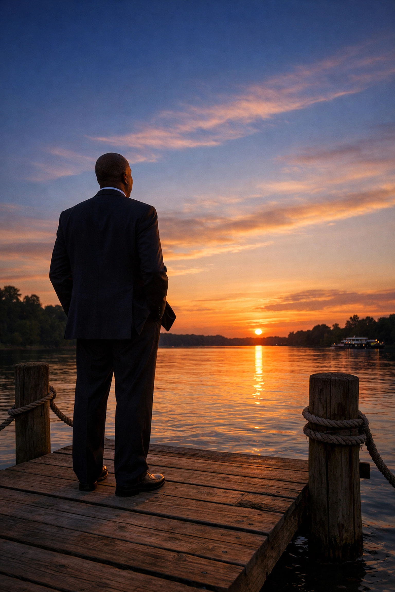 A business owner reflecting on a Mississippi waterway at sunset after selling their home services company.