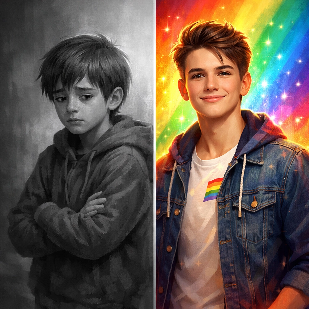 LGBTQ+ journey from uncertain gay child to confident adult celebrating pride and self-acceptance