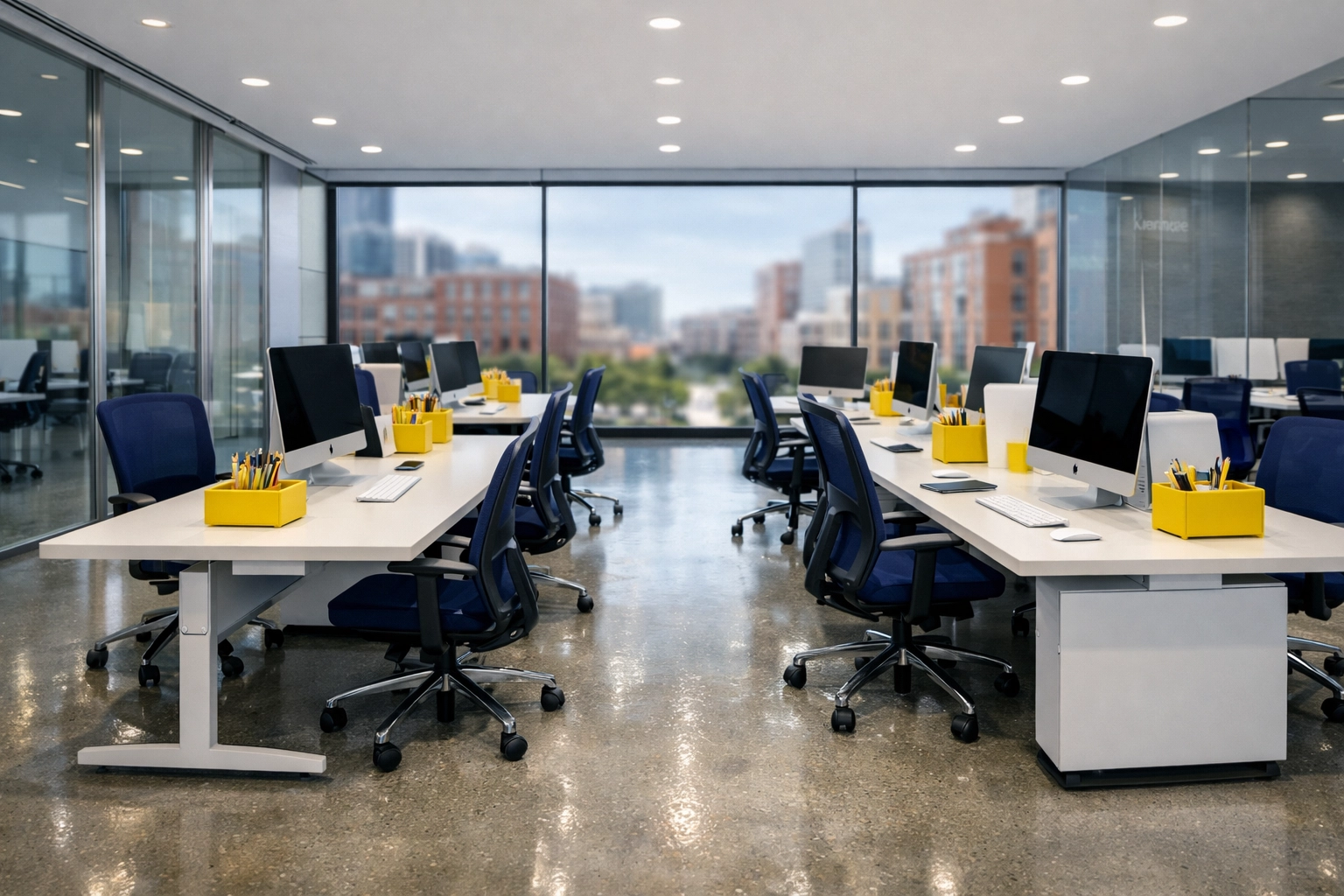 Minimalist Kendall Square tech office space sanitized by professional office cleaning Cambridge.