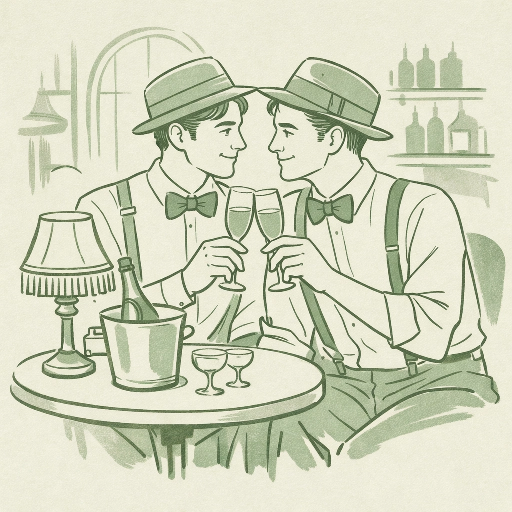 Two men sharing champagne in 1920s speakeasy celebrating LGBTQ+ bar history