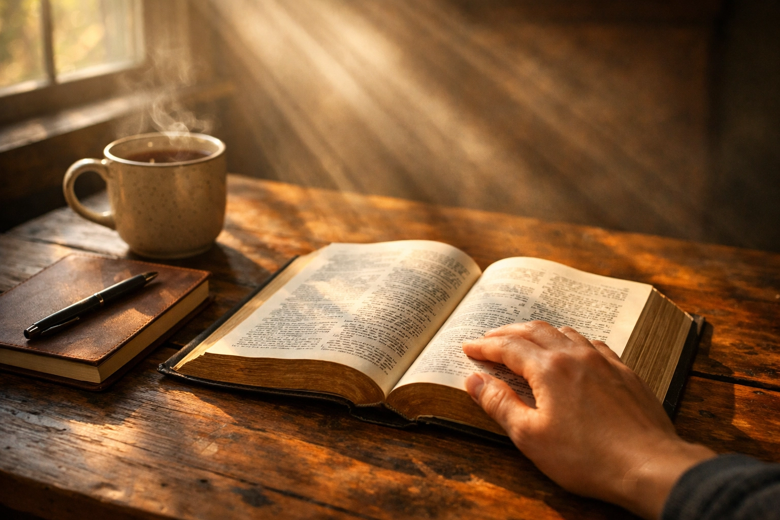 Open Bible with journal and tea for midday prayer and spiritual refocus