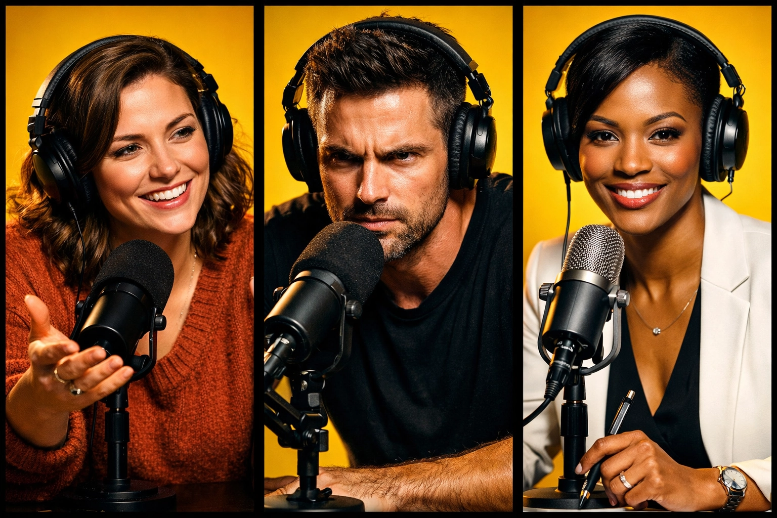 Three podcast hosts demonstrating empathy, focus, and professional presentation principles