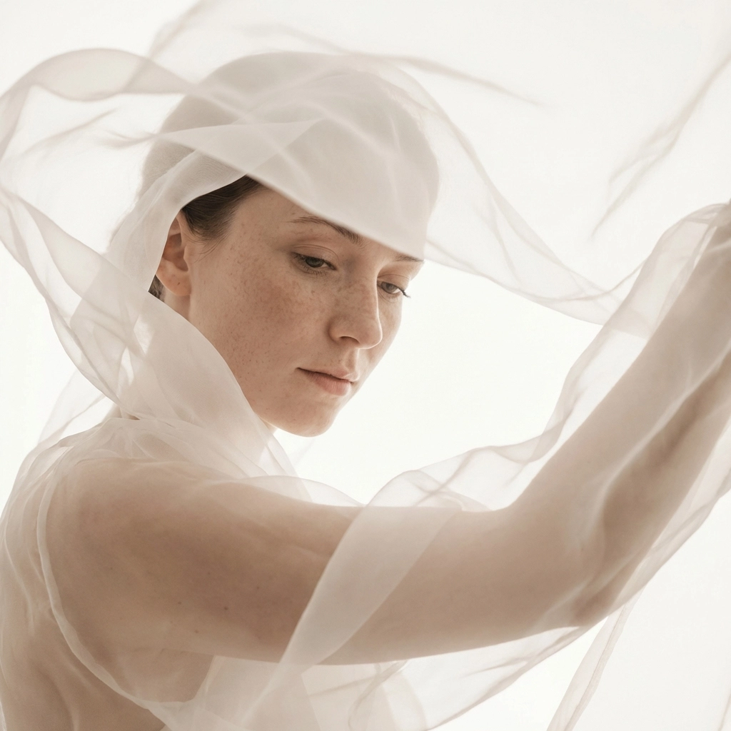 Nude photography tips showing a Caucasian woman with sheer fabric for a bright, ethereal fine art aesthetic.