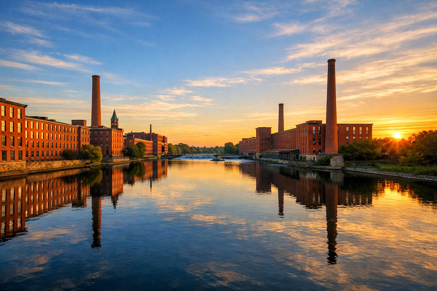 View of the Merrimack River and historic mill buildings served by deep cleaning Lowell residential services.