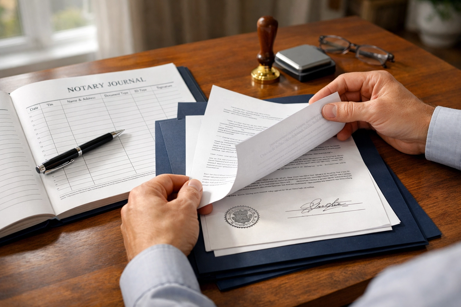 Professional notary reviewing documents with attention to detail and accuracy