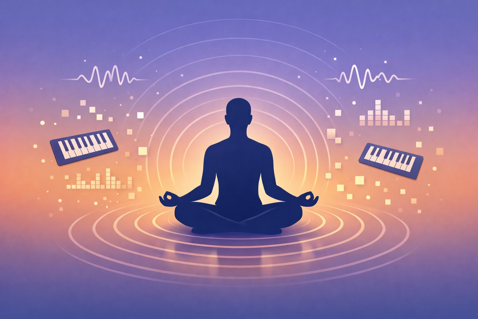 Person in peaceful worship meditation surrounded by instrumental music elements