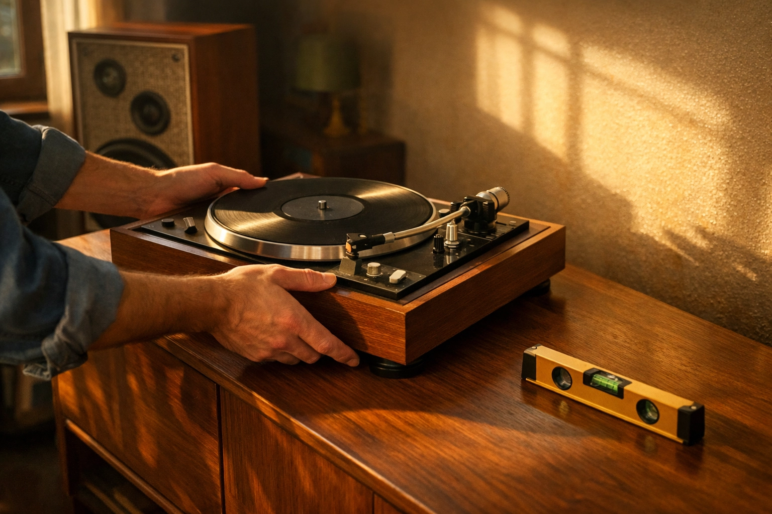 Proper turntable setup on stable console away from speakers with level tool nearby