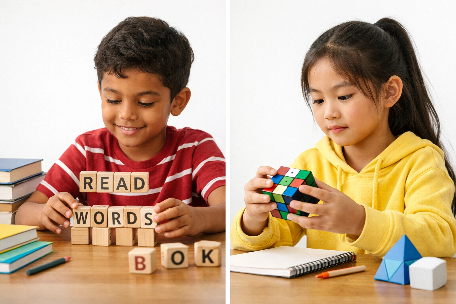 Verbale en non-verbale intelligentie: kind met letterblokken en kind met puzzelkubus