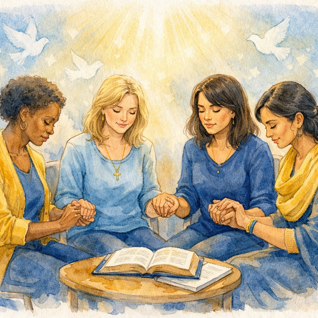 Diverse women holding hands in prayer circle during Christian recovery group meeting