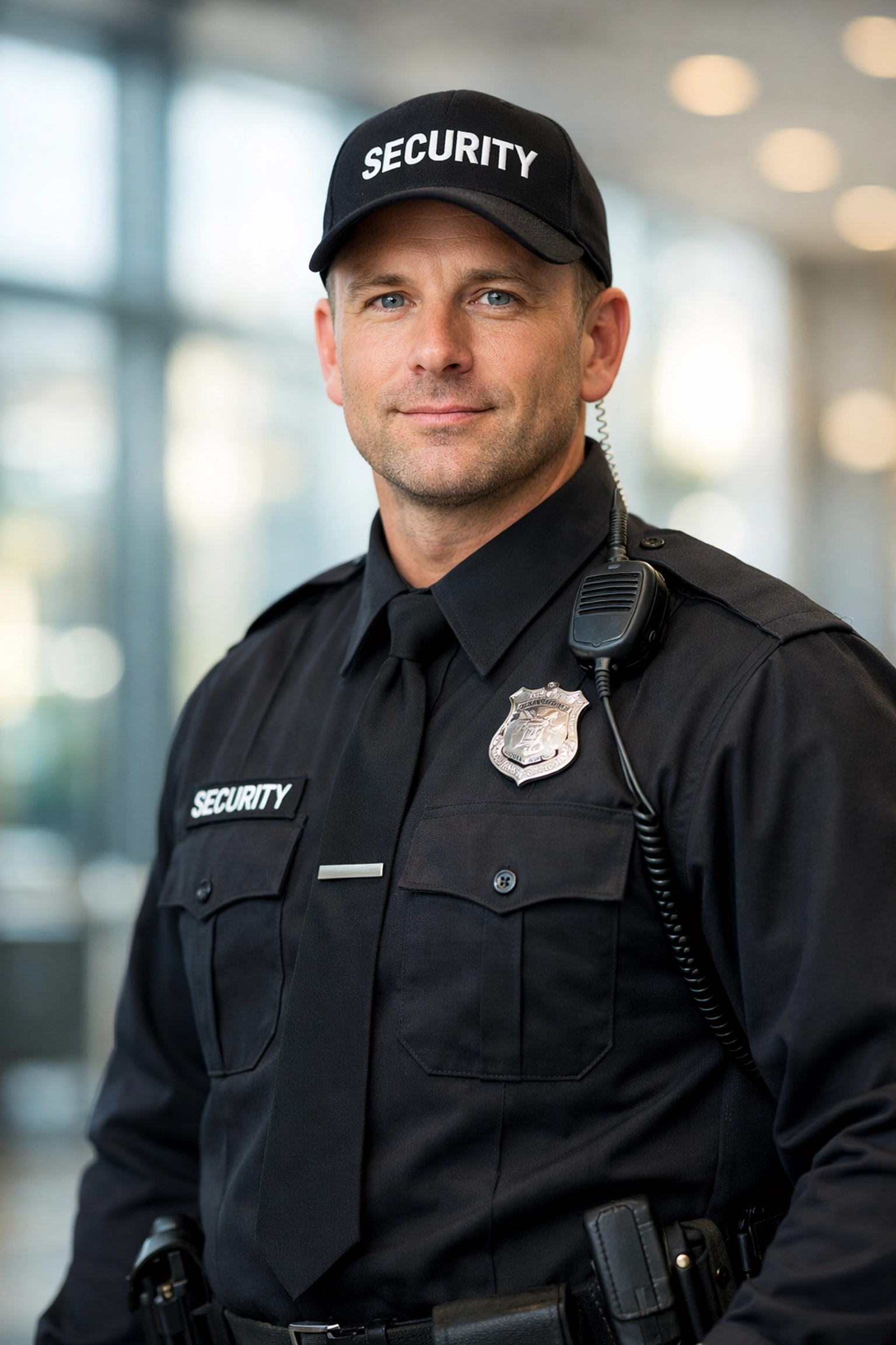 Professional security officer from KGFM Ltd standing in a modern corporate office lobby.