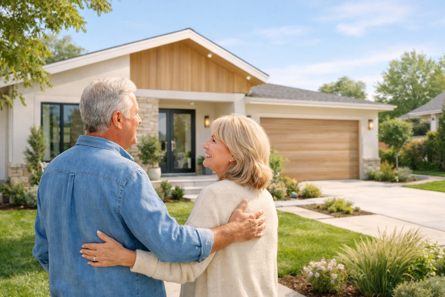 Senior couple smiling in front of a new home after downsizing in Bucks County PA.