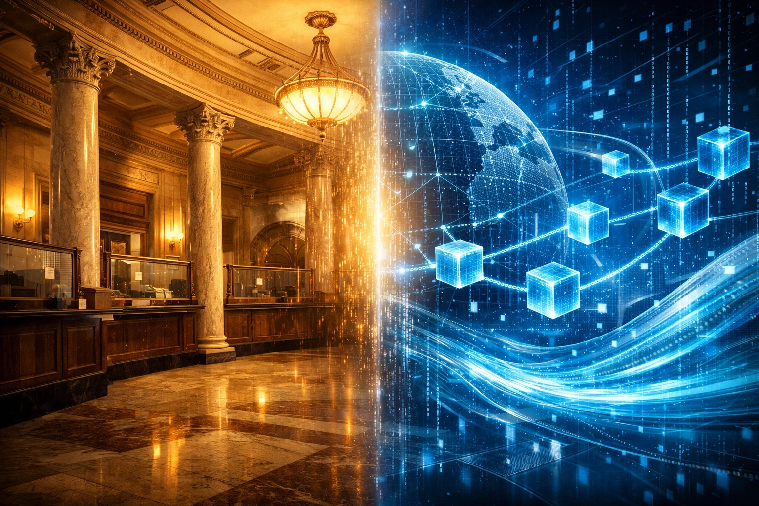 Traditional banking architecture merging with digital blockchain technology networks