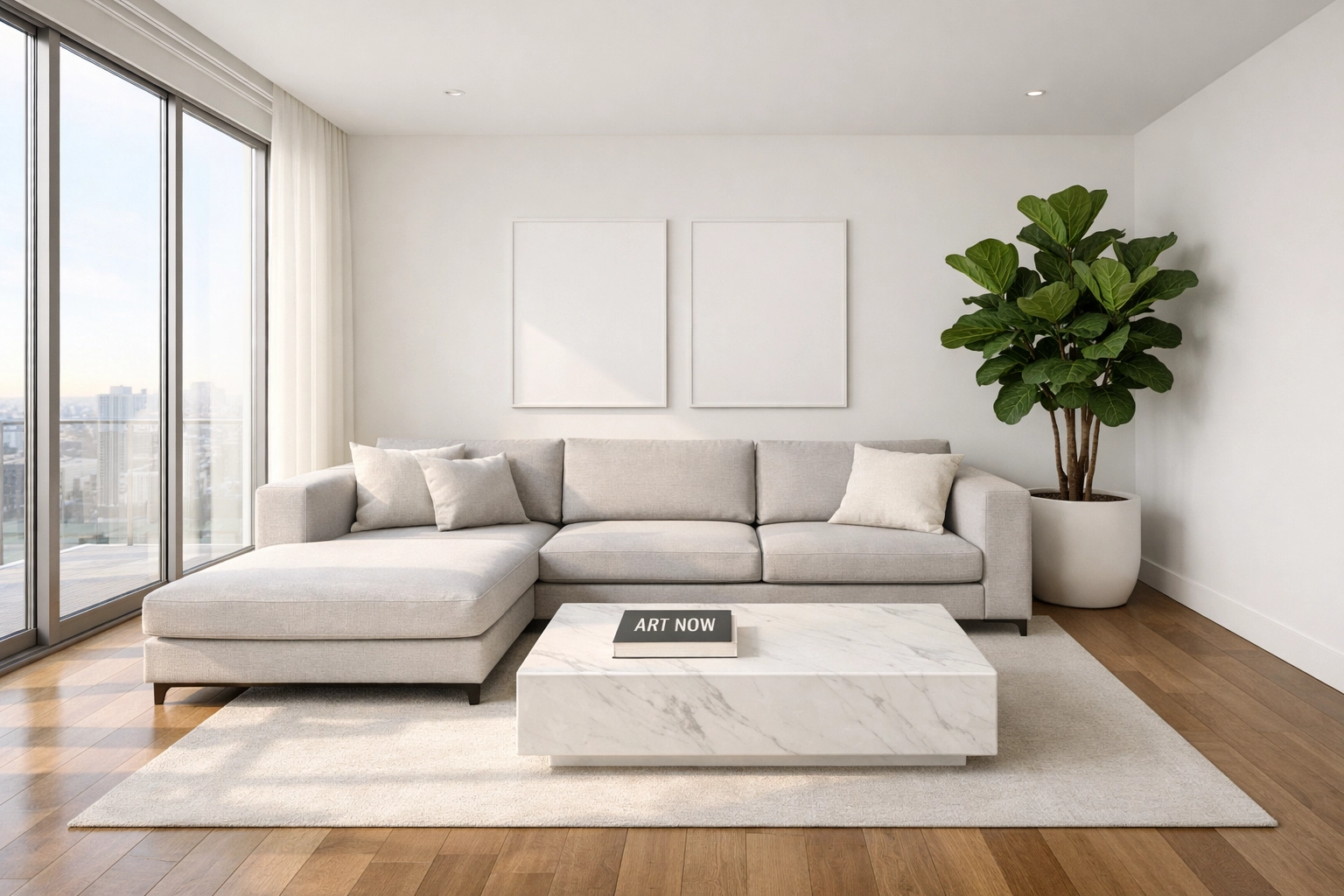 Professionally staged minimalist living room with neutral tones to help potential home buyers visualize the space.