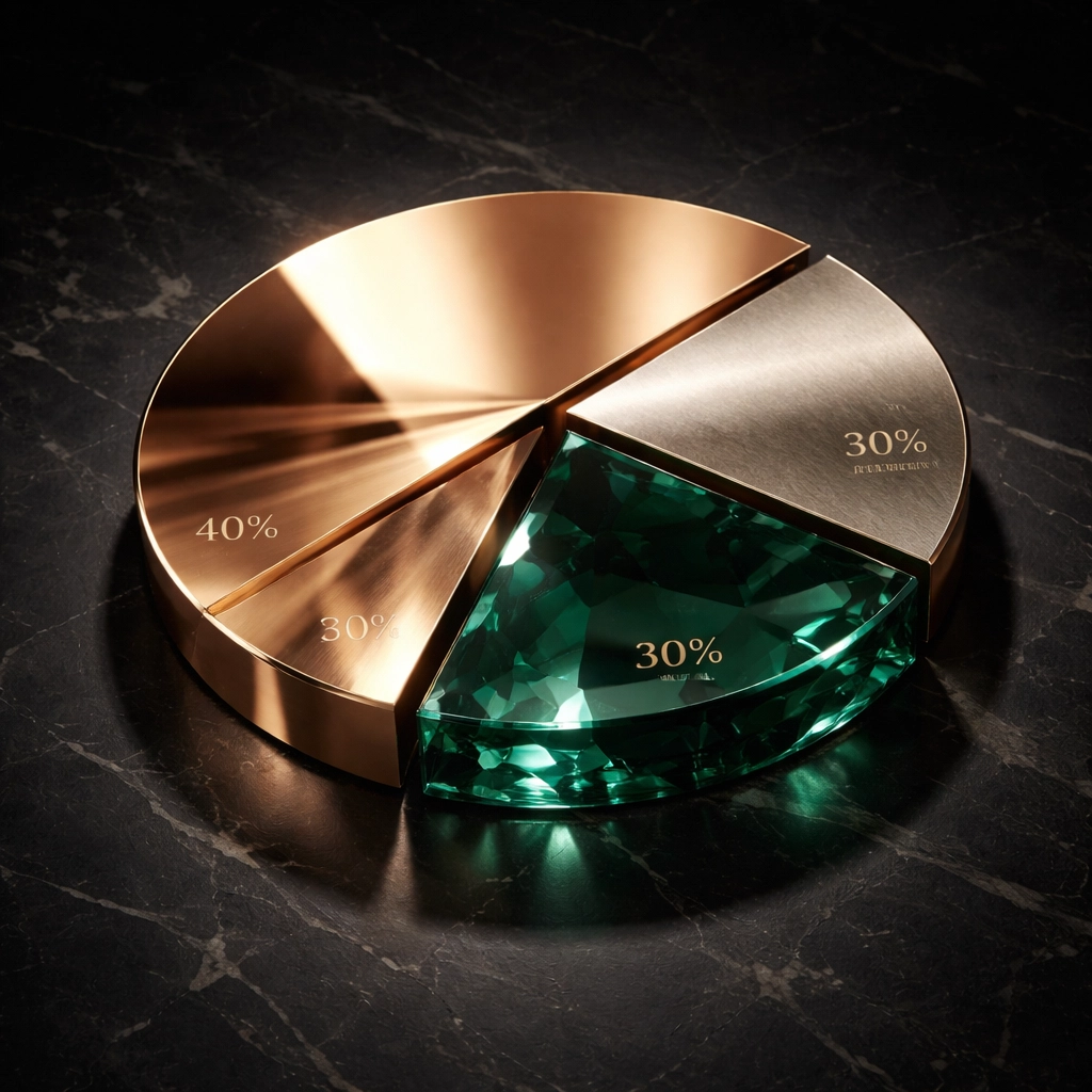 A luxury pie chart illustrates the 40/30/30 portfolio framework, emphasizing diversification among equities, bonds, and alternatives.