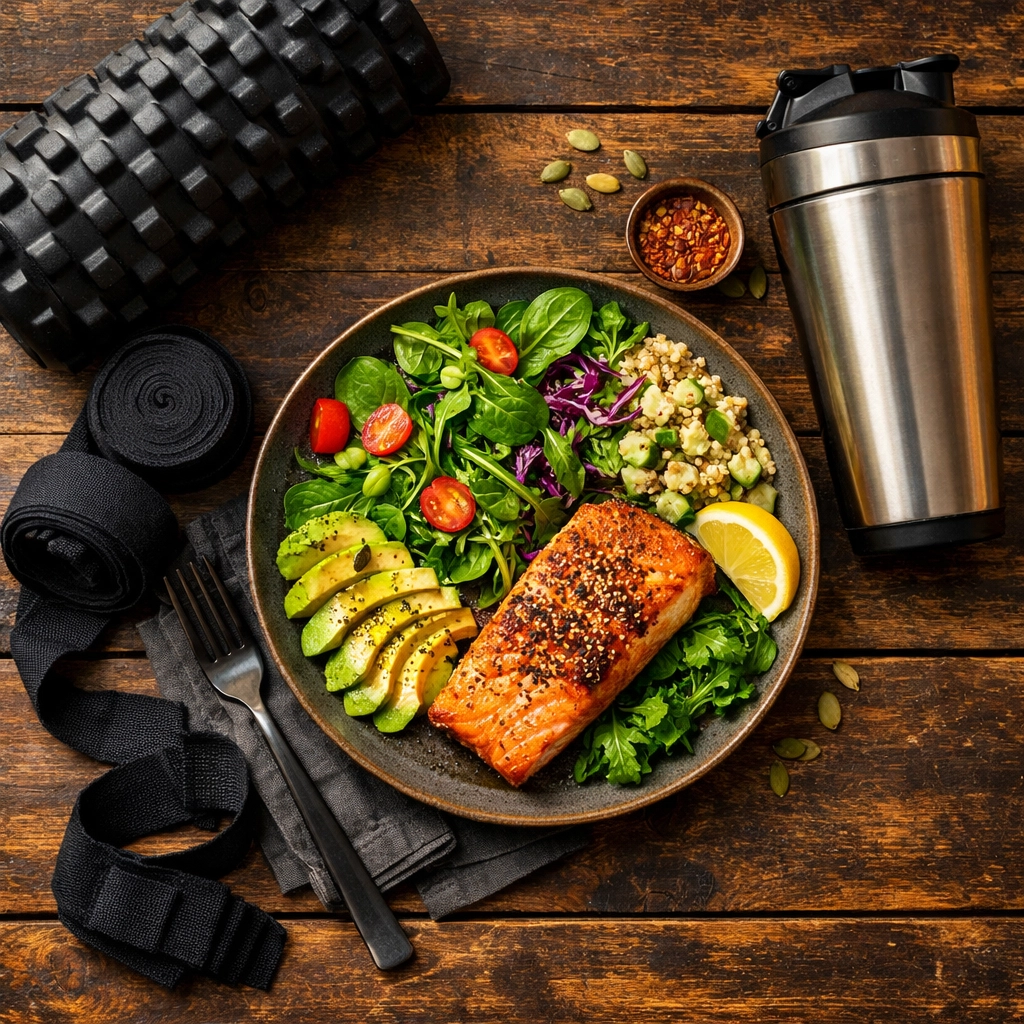 Nutrient-dense meal and muscle recovery equipment for a combat athlete following home resistance training.