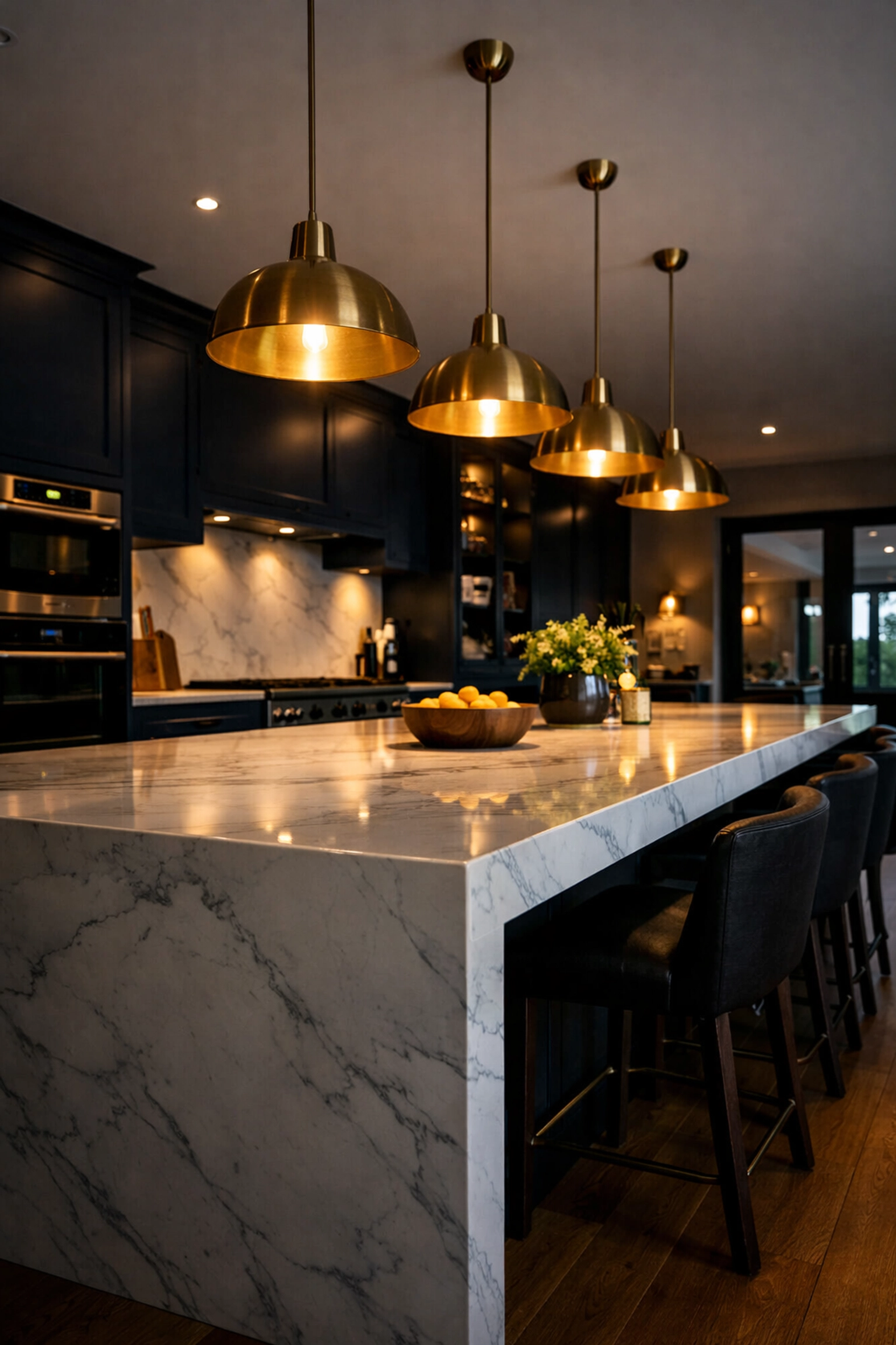 Luxury open-plan kitchen renovation in a West Sussex home with a marble island and bespoke cabinets.