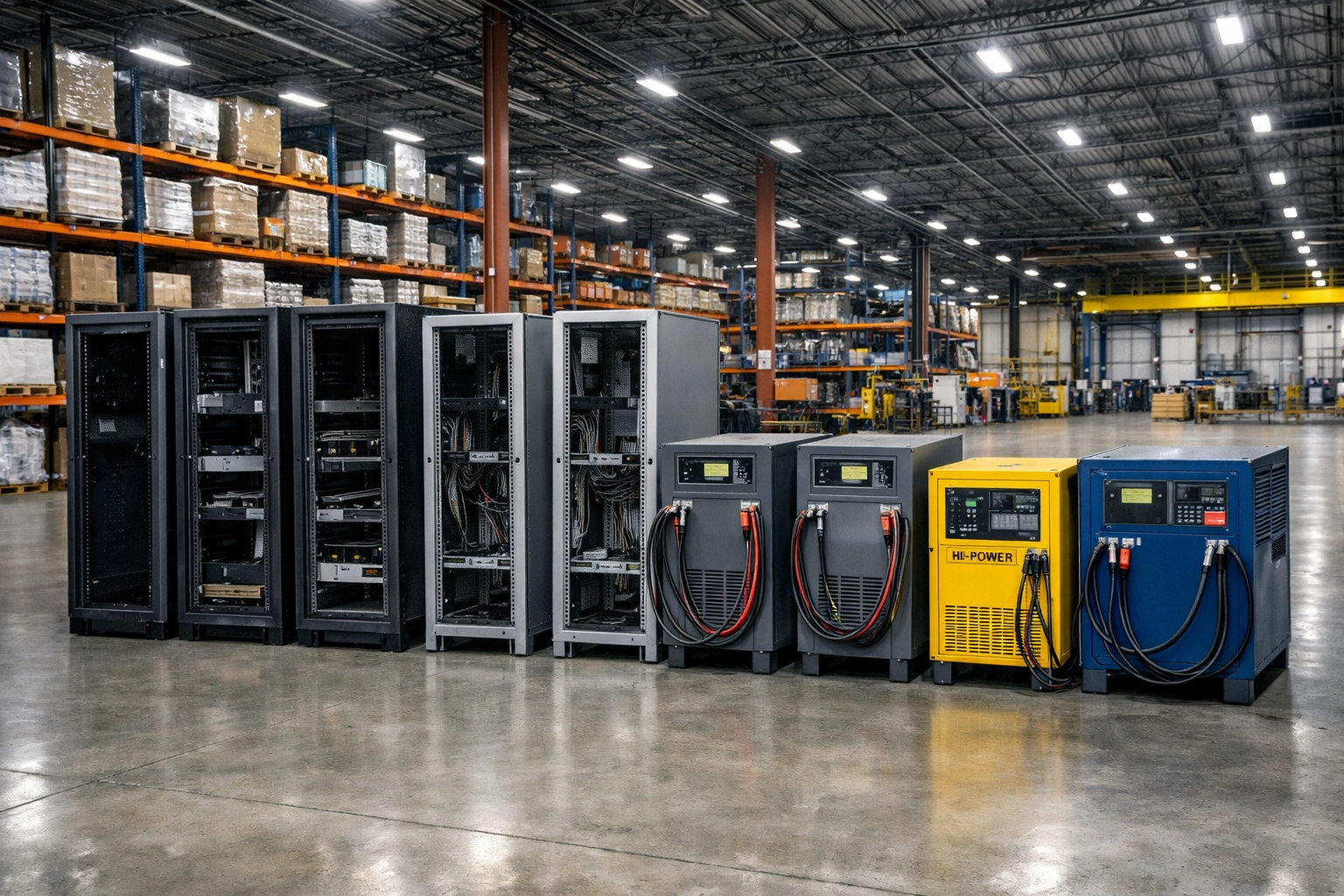 Industrial e-waste and decommissioned server racks in a warehouse ready for bulk IT recycling services.