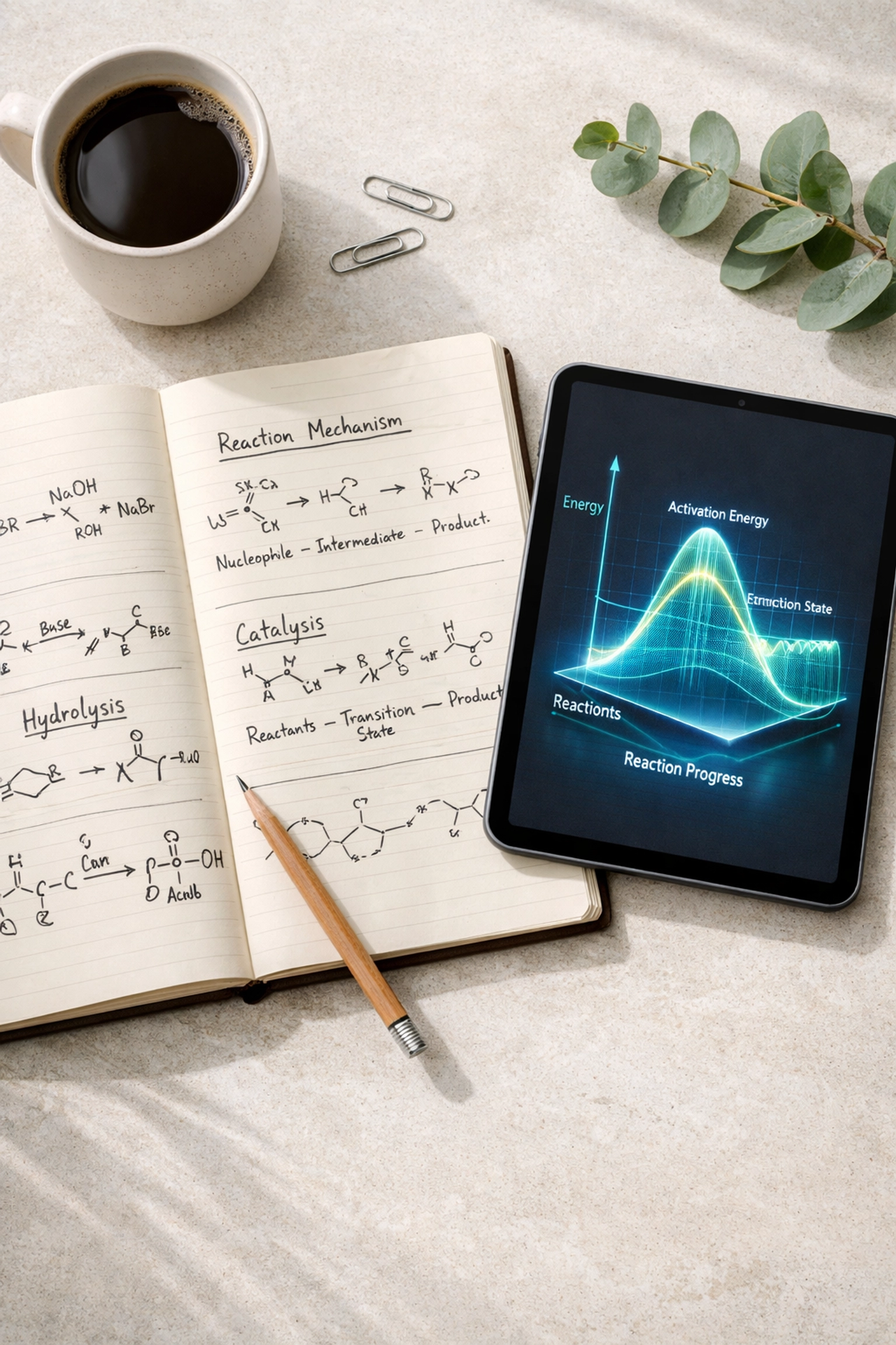 Detailed A-Level chemistry study notes and reaction rate graphs on an organized student desk.