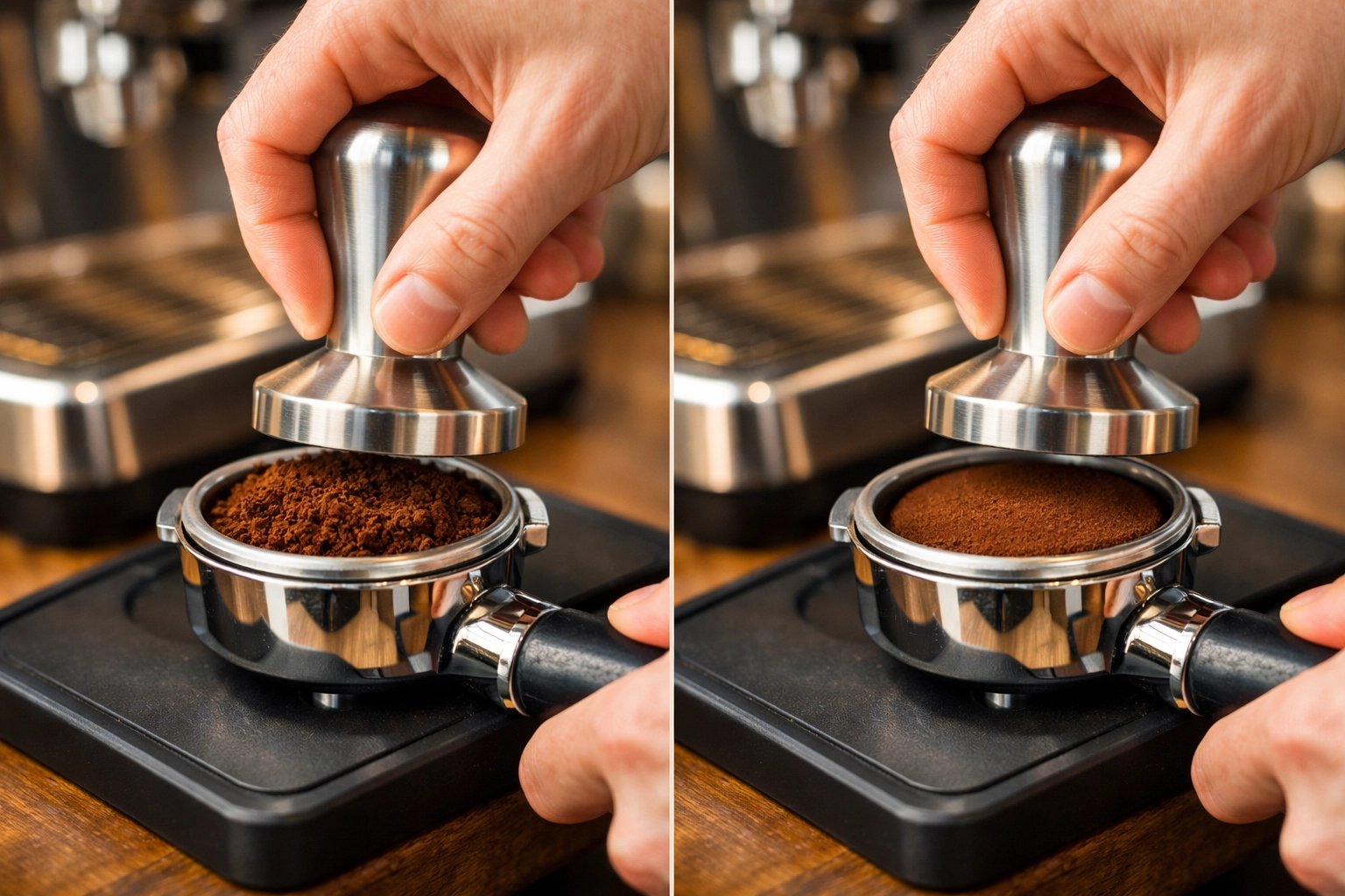 Level tamping espresso in a portafilter to prevent channeling and improve shot consistency