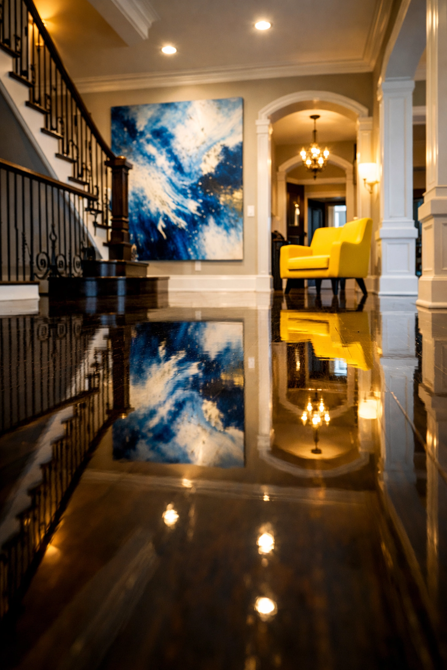Gleaming polished hardwood floors in a Wayland home foyer after a professional residential cleaning service.