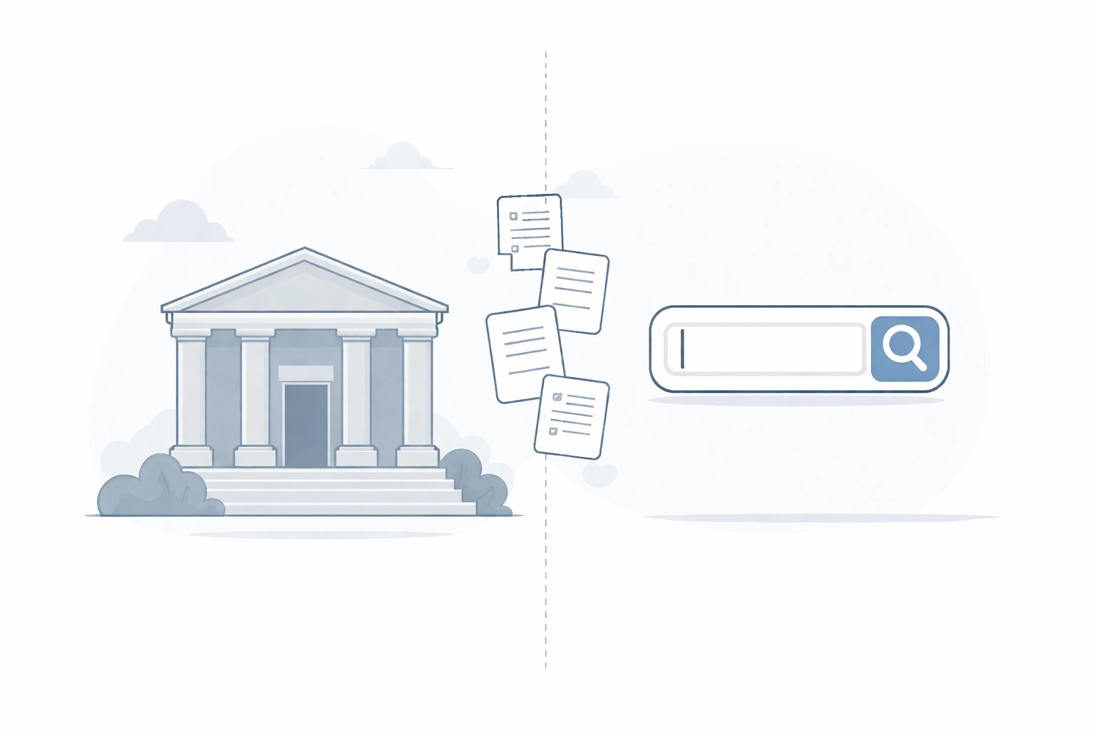 Minimal illustration of a courthouse and search icon, representing DOJ vs. Google legal impact on SEO and rankings.