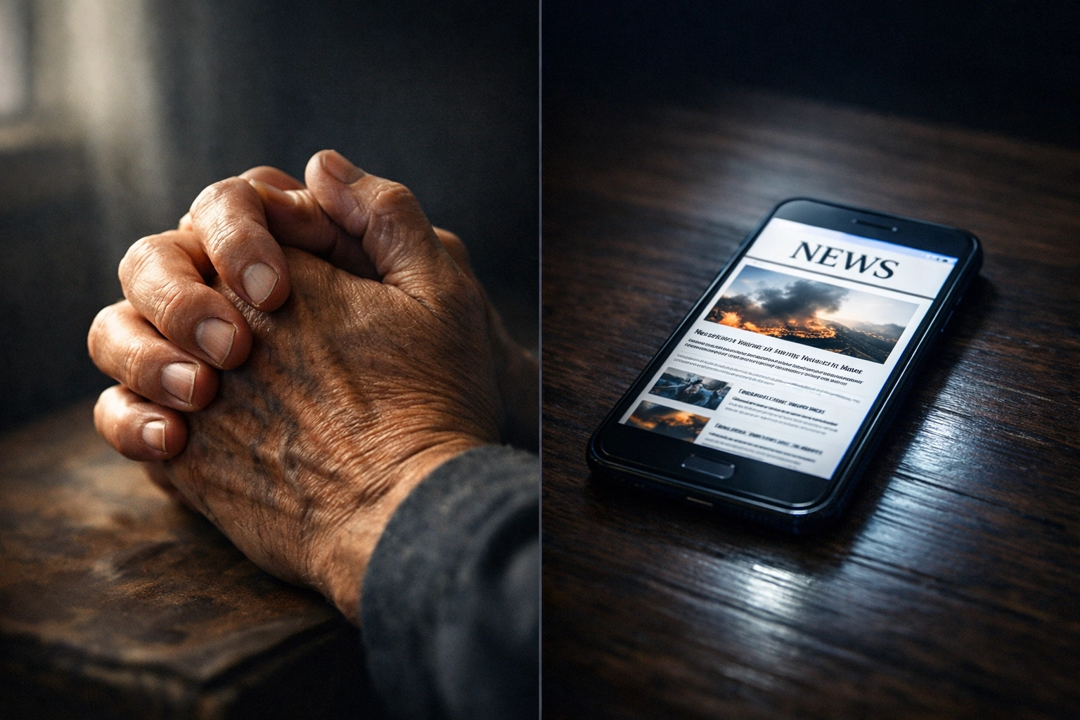 Praying hands beside smartphone with news - balancing faith and staying informed