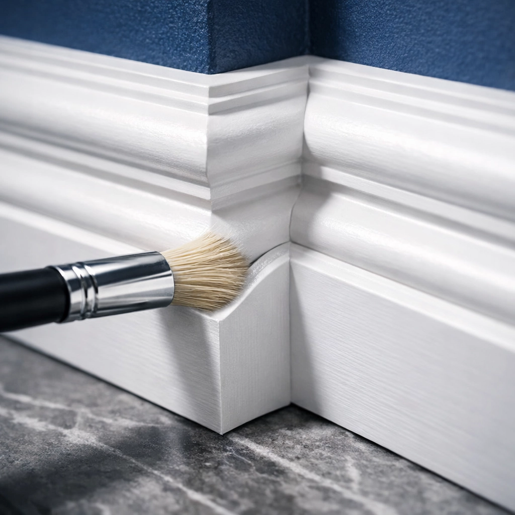 A small detail brush cleaning the intricate corners and grooves of post-construction white baseboards.