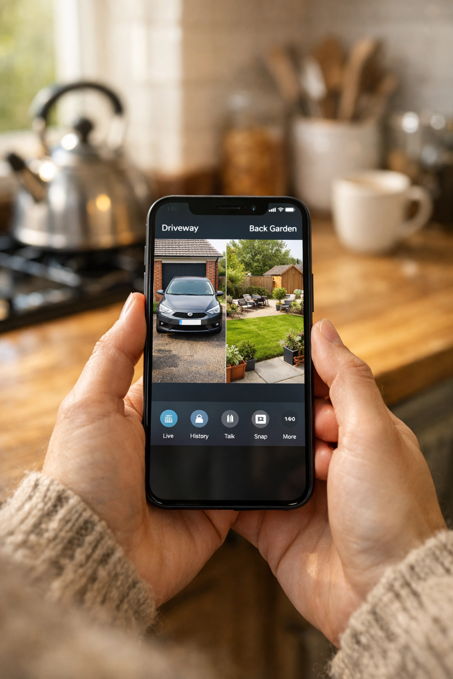 Remote CCTV monitoring via a smartphone app showing live security feeds from an Abergavenny home.
