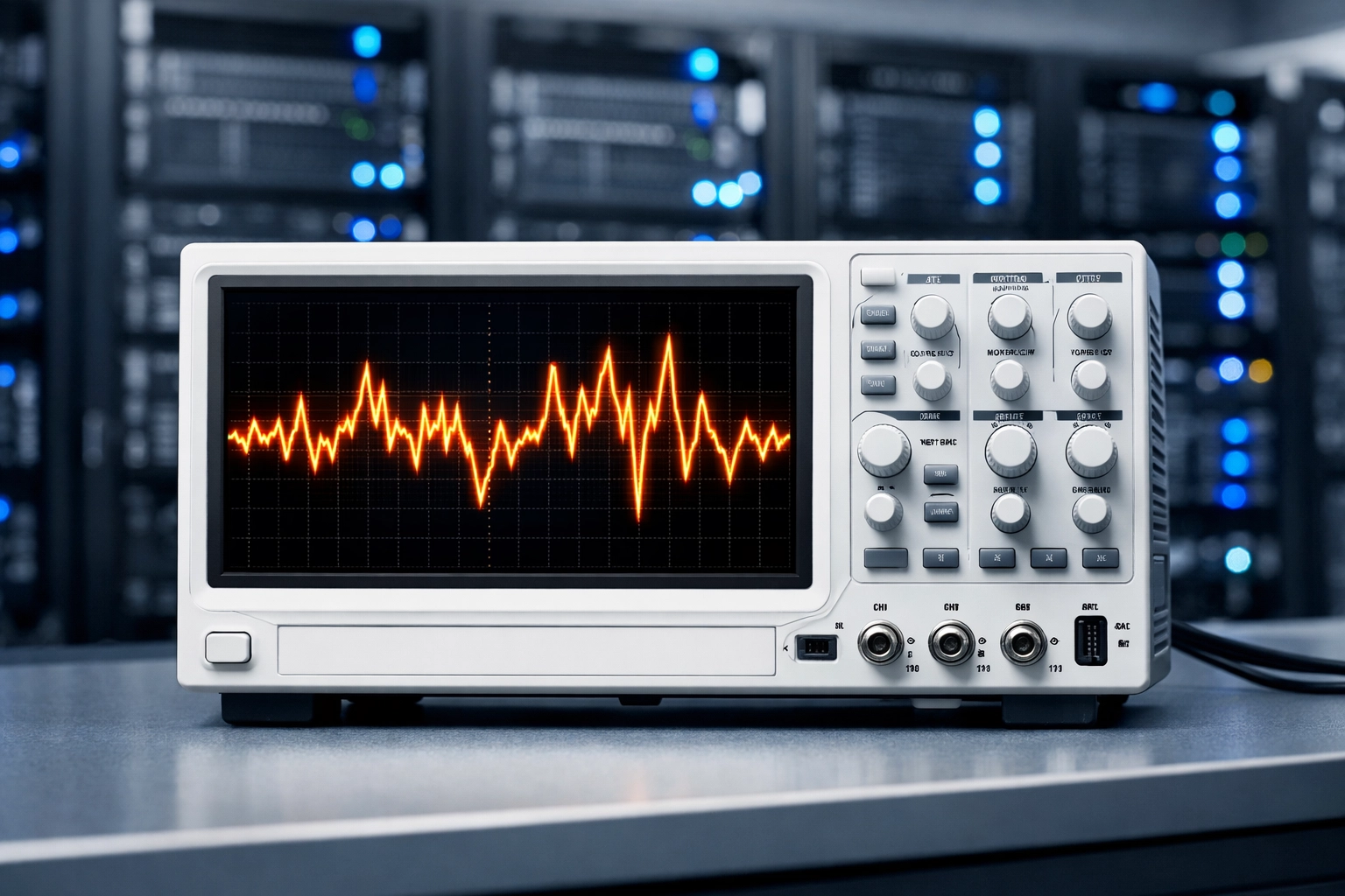 Oscilloscope showing distorted electrical waveform from dirty power in data center environment