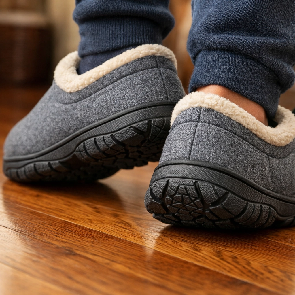 Proper footwear for fall prevention showing non-skid rubber soles on supportive indoor slippers.