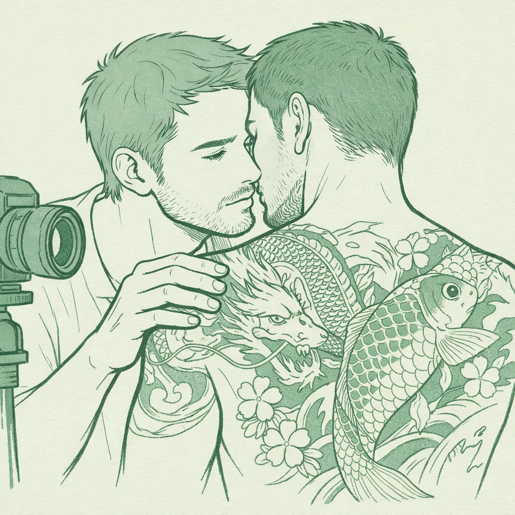 MM romance photographer and tattooed model sharing intimate moment during body art shoot