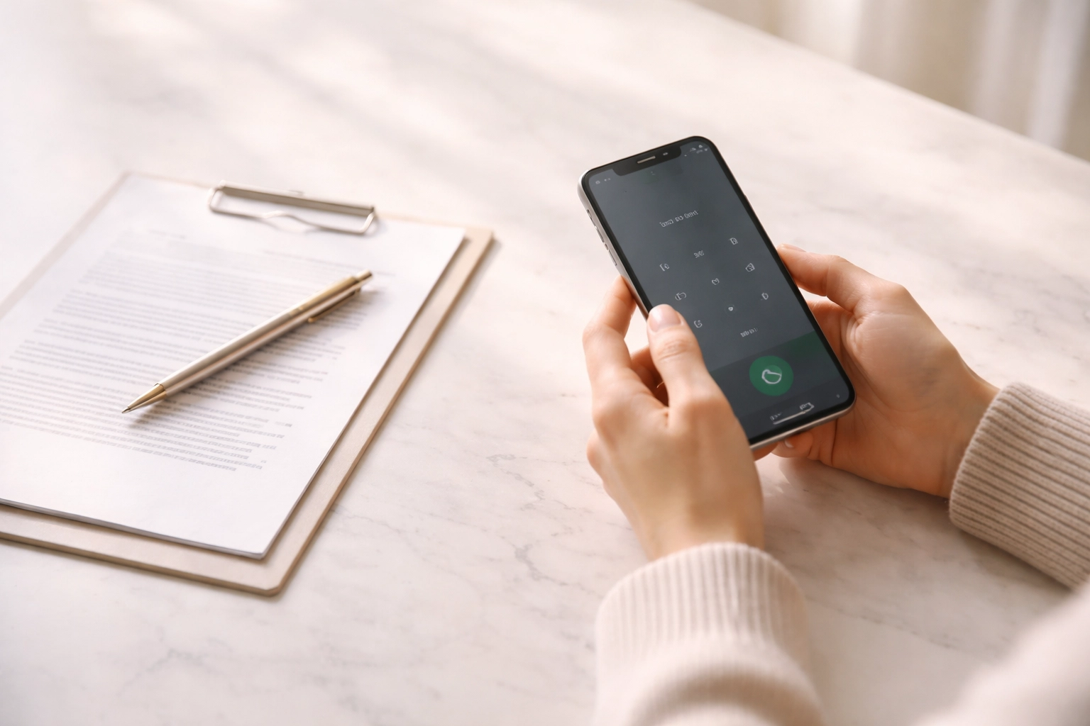 Hands holding a smartphone near a legal document and pen, representing consulting an attorney for legal advice.