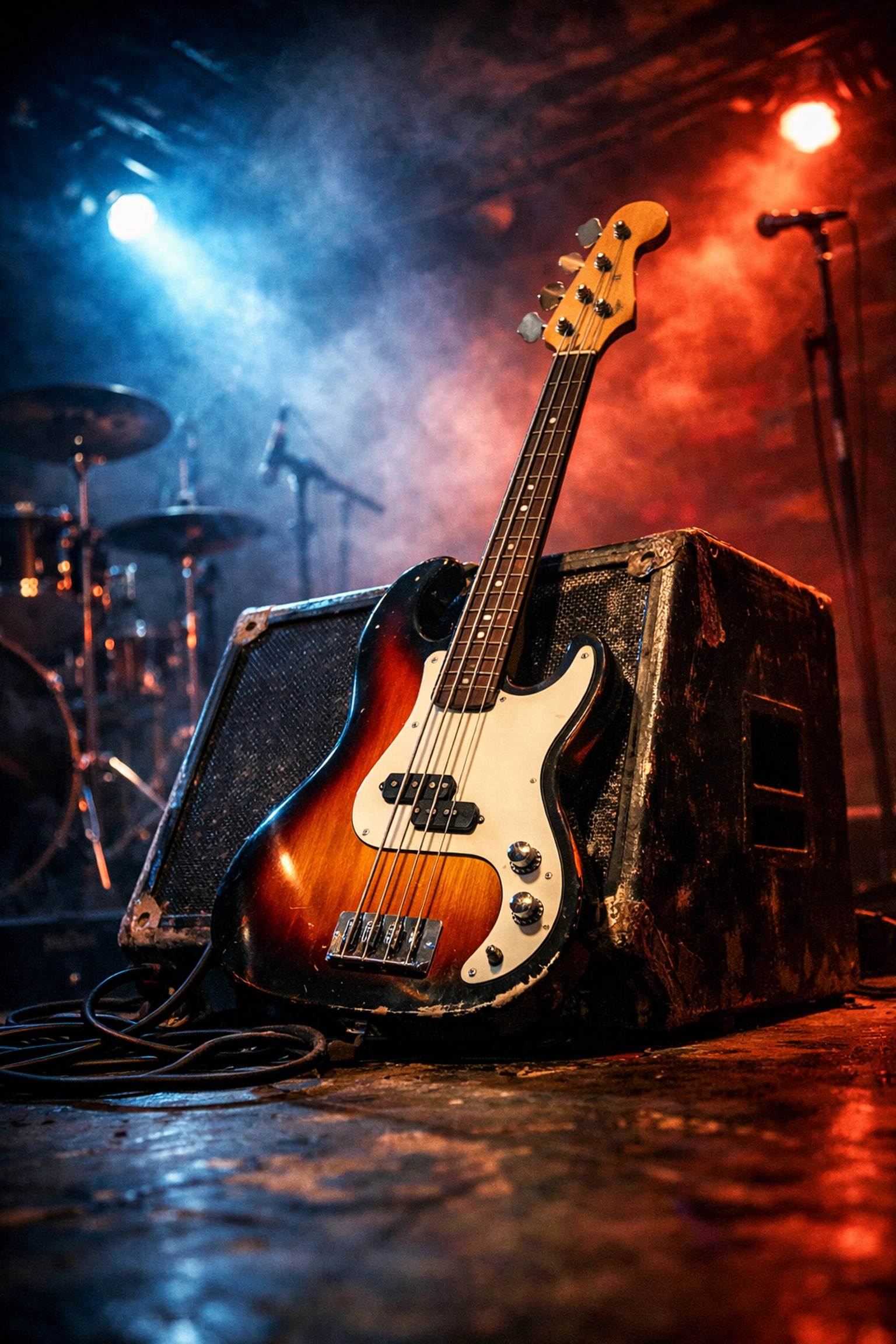 Sunburst bass guitar on a smoky club stage, capturing the raw energy of the Dogstar rock tour.