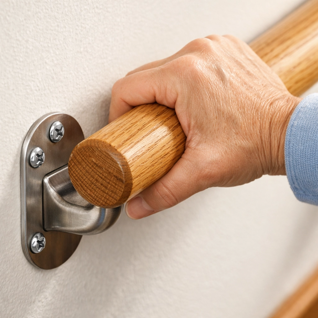A hand grasping a secure, wall-mounted wooden handrail to demonstrate stability and safety on home stairs.
