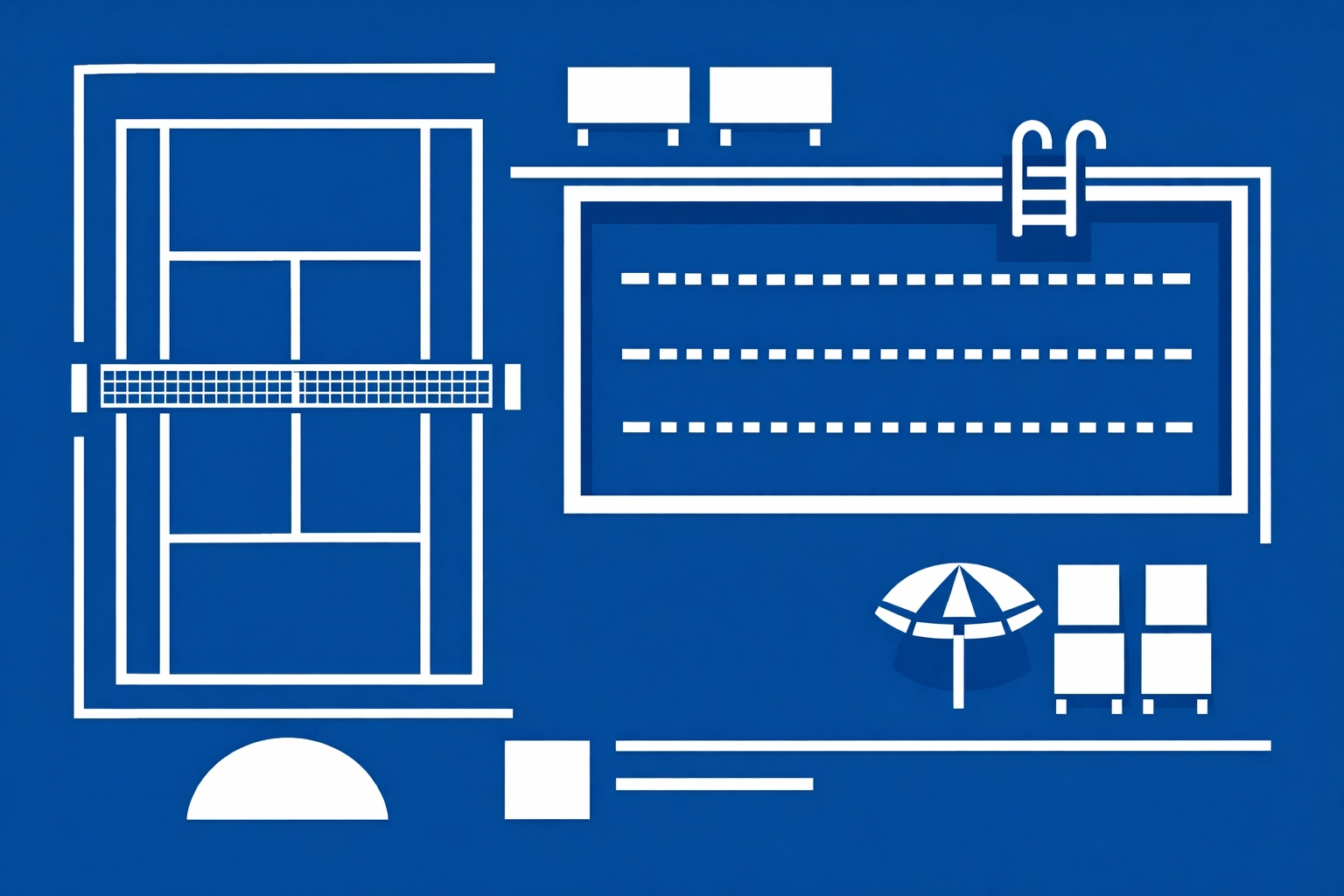 Geometric art of a tennis court and pool illustrating federal investment in American recreation infrastructure.