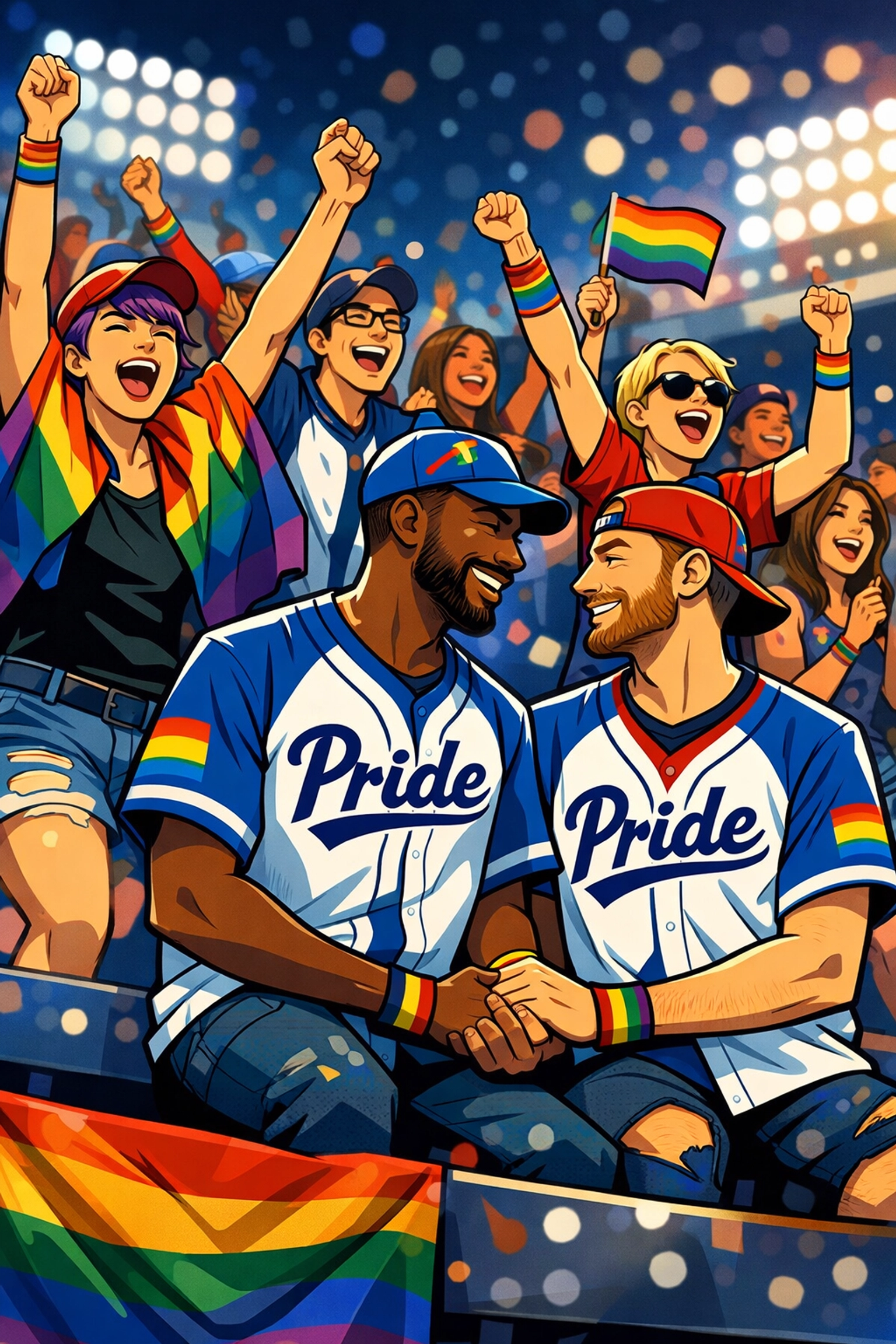 LGBTQ+ baseball fans celebrating with Pride flags in stadium stands showing community support