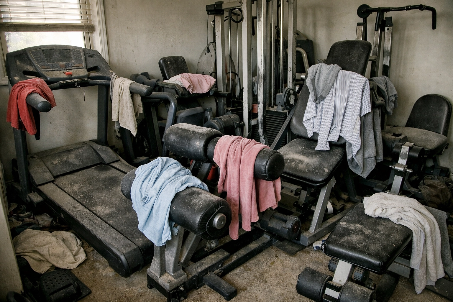 Cluttered home gym with unused single-purpose exercise machines covered in dust and laundry