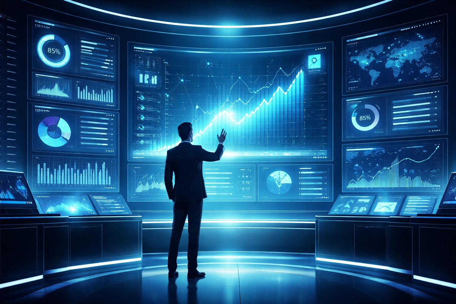 Futuristic command center showing advanced analytics and technology-driven investment management strategies